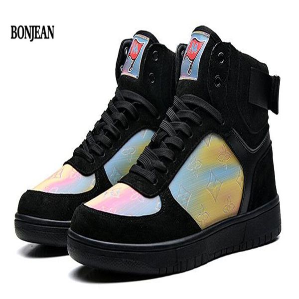 2019 new plus velvet couple shoes flat fashion high-casual shoes ing, Black