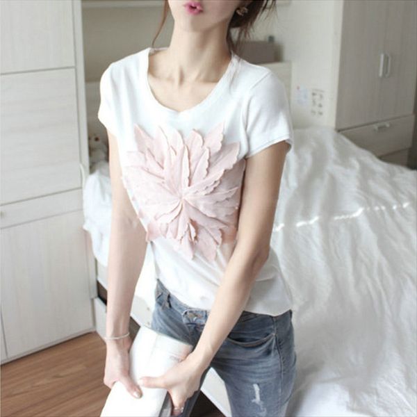 han fan women's dress 2019 summer dress lady three-dimensional flower slim short-sleeved t-shirt cotton slim versatile top, White
han fan women's dress 2019 summer dress lady three-dimensional flower slim short-sleeved t-shirt cotton slim versatile top, White