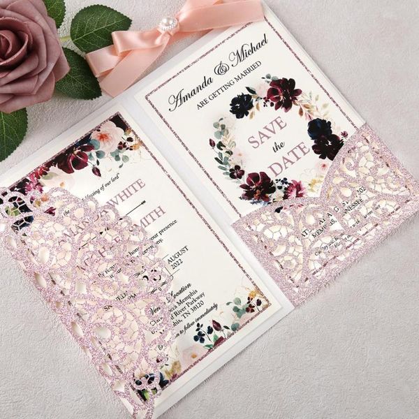 100pcs custom rose gold glitter laser cut hollow wedding invitations pearlized paper cards with envelope
100pcs custom rose gold glitter laser cut hollow wedding invitations pearlized paper cards with envelope
