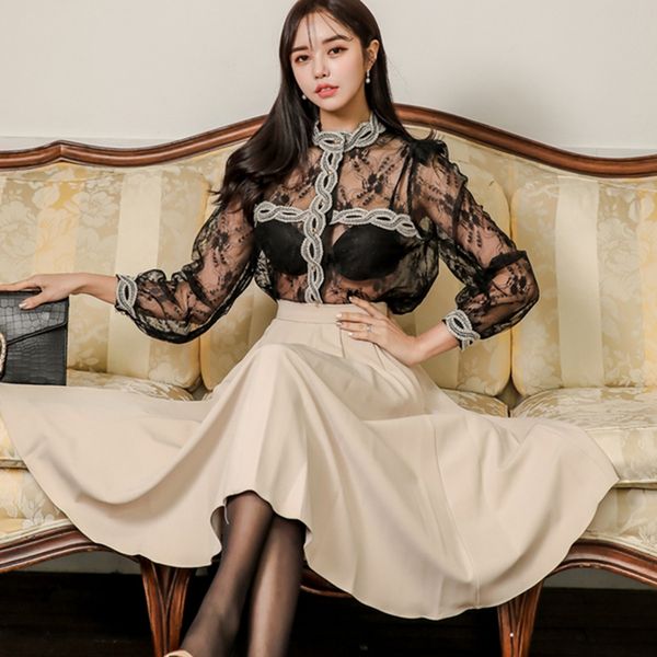 spring autumn new 2 women two piece korean black lace patchwork see-through shirt blouse + slim big swing skirt set, White
spring autumn new 2 women two piece korean black lace patchwork see-through shirt blouse + slim big swing skirt set, White