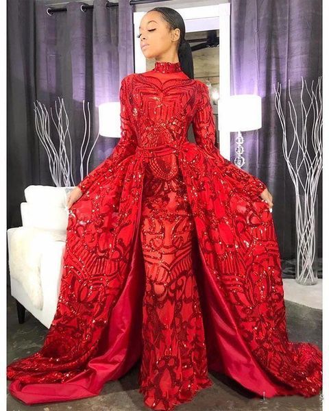 2019 new sequined red mermaid prom dresses with detachable overskirts high neck long sleeves modest evening gowns party wear, Black;red
2019 new sequined red mermaid prom dresses with detachable overskirts high neck long sleeves modest evening gowns party wear, Black;red