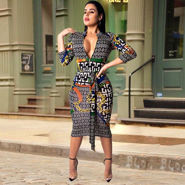 3576 cross-border european and american women's printed v-collar 7-sleeve dress night shop skirt with belt, White;black 
3576 cross-border european and american women's printed v-collar 7-sleeve dress night shop skirt with belt, White;black