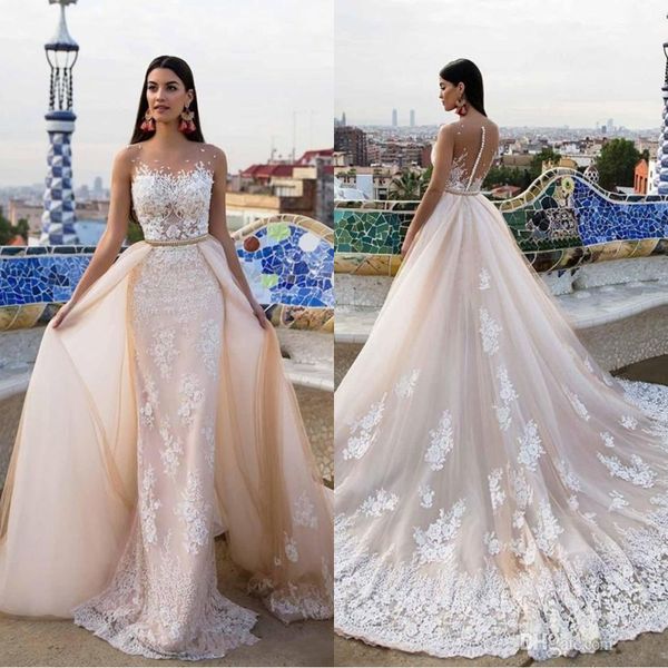 modern milla nova bridal 2019 wedding dresses champange lace beaded sheer neck court train detachable overskirt gowns country garden, White
modern milla nova bridal 2019 wedding dresses champange lace beaded sheer neck court train detachable overskirt gowns country garden, White
