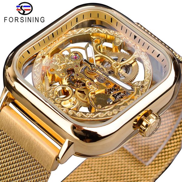 

forsining golden men automatic watch square skeleton mesh steel band mechanical business clock relogio masculino erkek kol saati, Slivery;brown