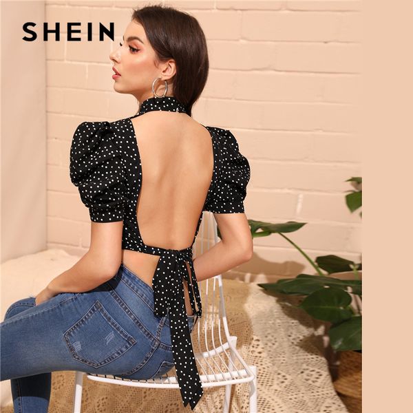 shein black mock-neck puff sleeve knot backless polka dot blouse women summer 2019 slim fitted high street blouses, White 
shein black mock-neck puff sleeve knot backless polka dot blouse women summer 2019 slim fitted high street blouses, White