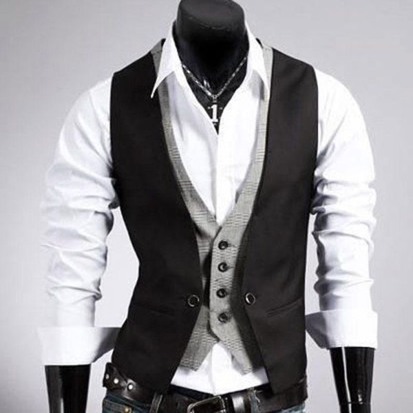 men's casual double layered fit buttons vest waistcoat slim jacket, Black;white
men's casual double layered fit buttons vest waistcoat slim jacket, Black;white