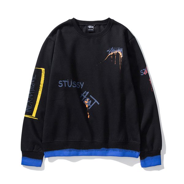 

stussy mens womens designer sweater unique cuff hem design fashion hip hop sweater graffiti pattern round neck plus velvet sweatshirt, White;black