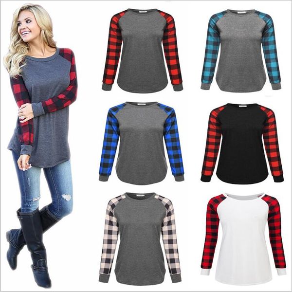 women t-shirt plaid patchwork shirts grid printed summer casual tees round collar long sleeve blouse slim blusas vestidos costume b5990, White
women t-shirt plaid patchwork shirts grid printed summer casual tees round collar long sleeve blouse slim blusas vestidos costume b5990, White