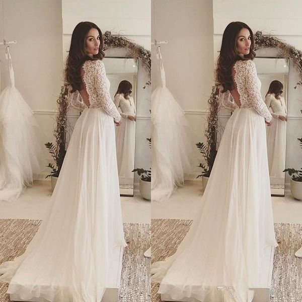 new simple elegant bohemian wedding dresses deep v neck lace long sleeves chiffon floor length beach backless bridal gowns, White
new simple elegant bohemian wedding dresses deep v neck lace long sleeves chiffon floor length beach backless bridal gowns, White