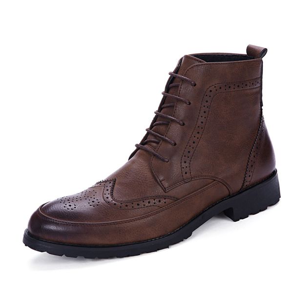 new men pu leather ankle oxford boots british style male casual lace up derby shoes retro carved flower brogue shoes, Black