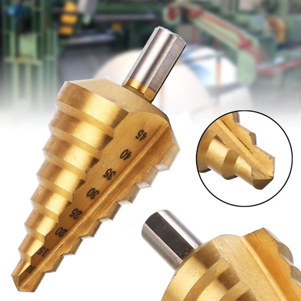 1pc hss step drill bit 10/15/20/25/30/35/40/45mm tin stepped drill peeling conical bit wood hole cutter cone tools
1pc hss step drill bit 10/15/20/25/30/35/40/45mm tin stepped drill peeling conical bit wood hole cutter cone tools