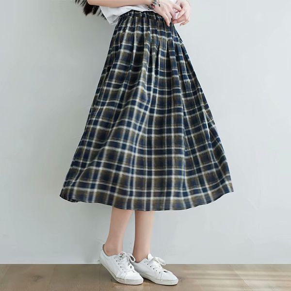 artistic washed cotton and linen plaid high waist slim big skirt female skirt, Black