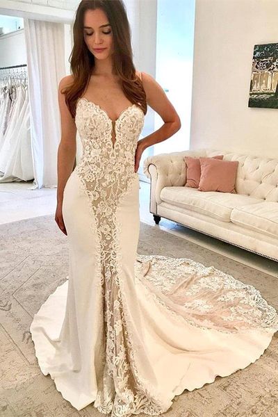 straps spaghetti lace mermaid wedding dresses light champagne lace appliqued tulle bridal gowns long court train bc0894, White
straps spaghetti lace mermaid wedding dresses light champagne lace appliqued tulle bridal gowns long court train bc0894, White