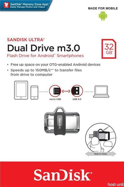 

Sandisk 32GB Ultra Dual Drive m3.0 для устройств и компьютеров Android OTG - microUSB, USB 3.0 - SDDD3-032G