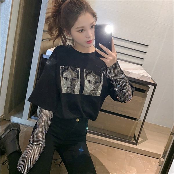 fake two-piece bright t- diamond stitching long-sleeved t- women's bundy shirt with base shirt design sense women, White
fake two-piece bright t- diamond stitching long-sleeved t- women's bundy shirt with base shirt design sense women, White
