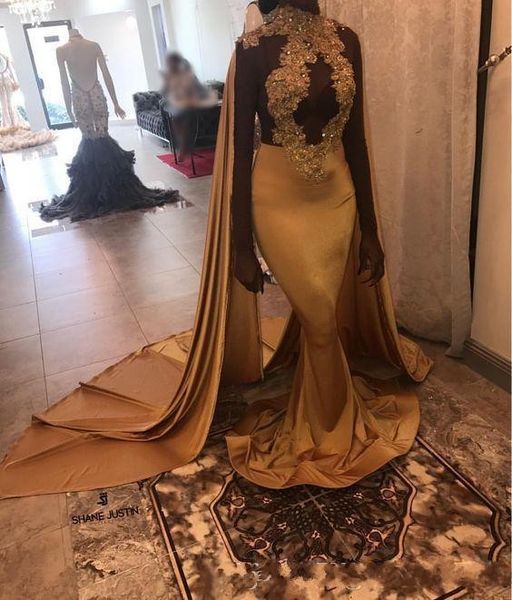 2k19 black girls high neck gold mermaid long prom dresses with shawl lace applique formal party evening dresses night wear custom made
2k19 black girls high neck gold mermaid long prom dresses with shawl lace applique formal party evening dresses night wear custom made