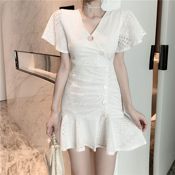 hollow out v-neck high waist lace dress irregular single-breasted short-sleeve dress women slim a-line short party vestidos, Black;gray 
hollow out v-neck high waist lace dress irregular single-breasted short-sleeve dress women slim a-line short party vestidos, Black;gray