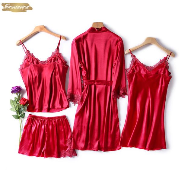piece 4 sleepwear pajamas set women faux silk lace sling shirt shorts summer with robe chest pads, Black;red
piece 4 sleepwear pajamas set women faux silk lace sling shirt shorts summer with robe chest pads, Black;red