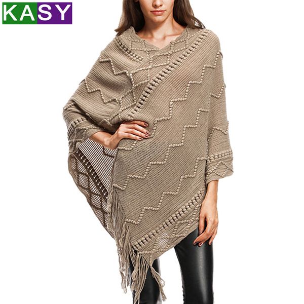 

women v-neck knitted winter warm sweater pullovers tassel fringe cloak shawl poncho pullovers oversized jackets coats, White;black