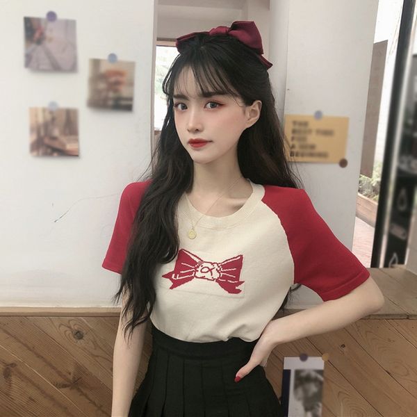 2020 summer fashion short sleeve women's bowknot jacquard colorblock raglan tees, White
2020 summer fashion short sleeve women's bowknot jacquard colorblock raglan tees, White