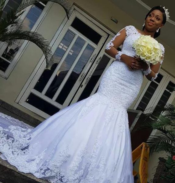 2020 vintage lace mermaid wedding dresses modest design applique illusion lace long sleeve african court train bridal gowns customize, White
2020 vintage lace mermaid wedding dresses modest design applique illusion lace long sleeve african court train bridal gowns customize, White
