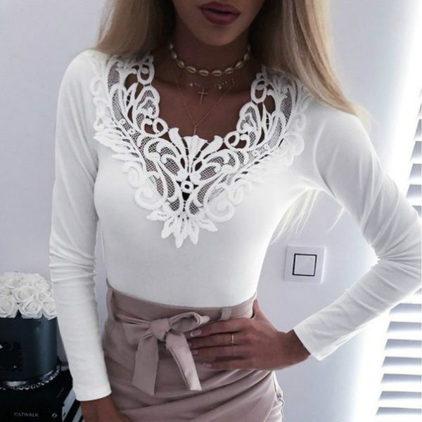 fashion women spring long sleeve t-shirts casual slim v neck lace patchwork solid color backless t shirt plus size top, White
fashion women spring long sleeve t-shirts casual slim v neck lace patchwork solid color backless t shirt plus size top, White