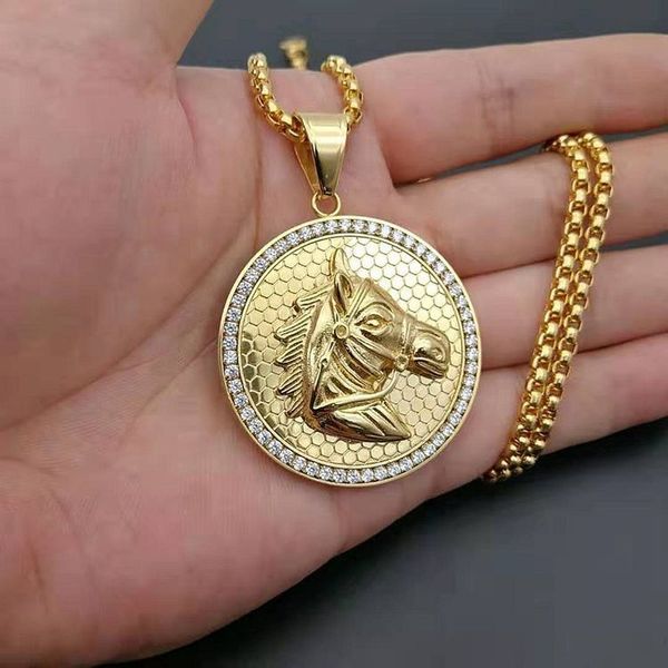 

new jockey club horse head pendants necklaces for women men gold color stainless steel round coin iced out bling hip hop jewelry, Silver