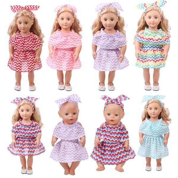 an 18-inch american doll dress with short off-the-shoulder striped skirt and headband 
an 18-inch american doll dress with short off-the-shoulder striped skirt and headband