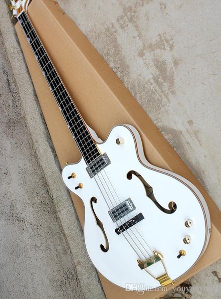 4-string white electric bass guitar with semi-hollow body, body binding, gold hardware, custom service
4-string white electric bass guitar with semi-hollow body, body binding, gold hardware, custom service