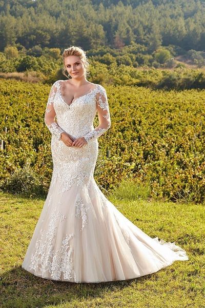 champagne wedding dresses v neck sheer long sleeves lace mermaid wedding bridal gowns mermaid lace appliques bridal gowns plus size, White
champagne wedding dresses v neck sheer long sleeves lace mermaid wedding bridal gowns mermaid lace appliques bridal gowns plus size, White