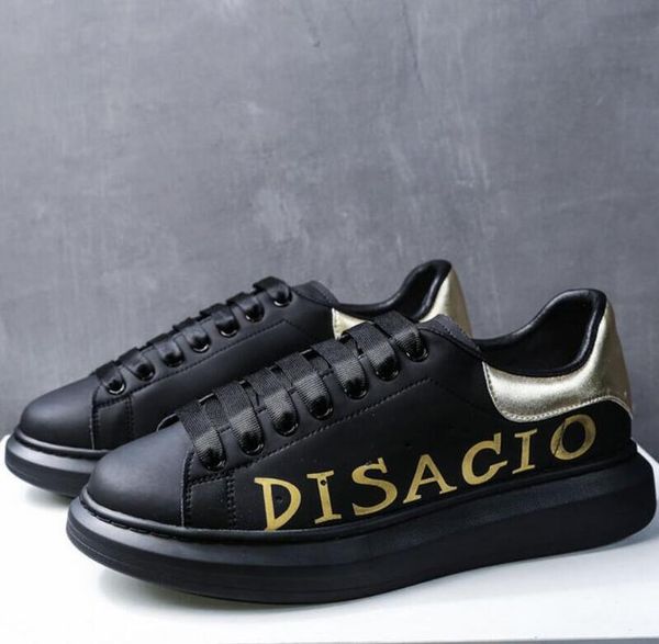 luxe little white shoes letter style platform casual shoes couple leather men's large size version p6, Black