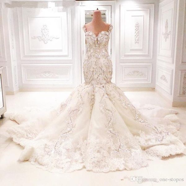 2020 sparkly lace mermaid wedding dresses cathedral train 3d floral v-neck backless luxury dubai arabic fishtail bridal gowns, White
2020 sparkly lace mermaid wedding dresses cathedral train 3d floral v-neck backless luxury dubai arabic fishtail bridal gowns, White