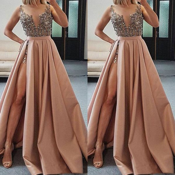 beaded split satin prom dresses a line sheer v neck crystal evening gowns sweep train formal cocktail dress, Black
beaded split satin prom dresses a line sheer v neck crystal evening gowns sweep train formal cocktail dress, Black