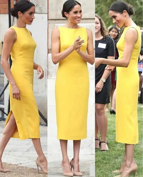 Meghan Markle Yellow Evening Dresses Sheath Sleeveless Midi Formal Prom Dreses Back Slits Cheap Evening Party Gown 2019
Meghan Markle Yellow Evening Dresses Sheath Sleeveless Midi Formal Prom Dreses Back Slits Cheap Evening Party Gown 2019