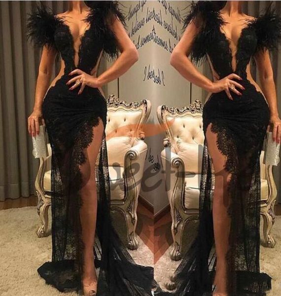 black lace prom dresses 2020 selling custom new feather see through high split sheath special occasion evening party gowns p061
black lace prom dresses 2020 selling custom new feather see through high split sheath special occasion evening party gowns p061