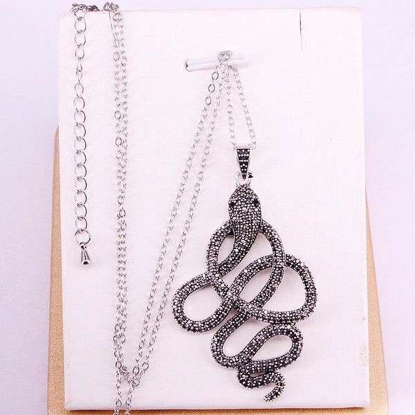 

4pcs, antique silver color black cz micro pave snake pendants metal chain elegant fashion jewelry vintage gift for women men