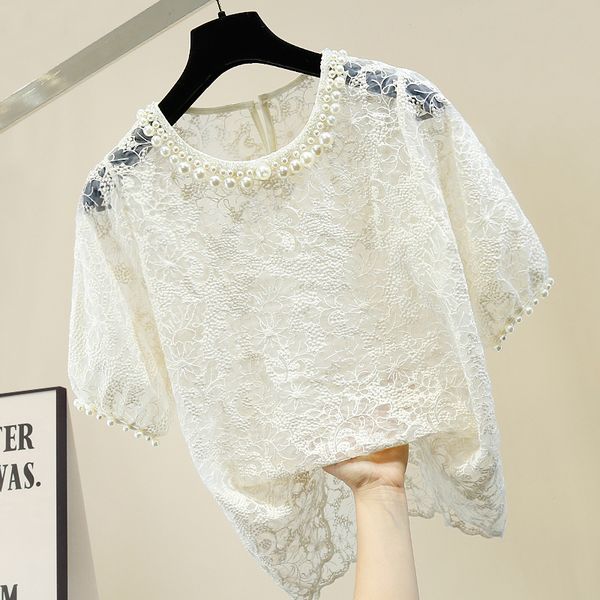 lace blouse women 2020 new fashion handmade large pearl beaded round neck loose all-match lace shirt perspective shirt, White
lace blouse women 2020 new fashion handmade large pearl beaded round neck loose all-match lace shirt perspective shirt, White