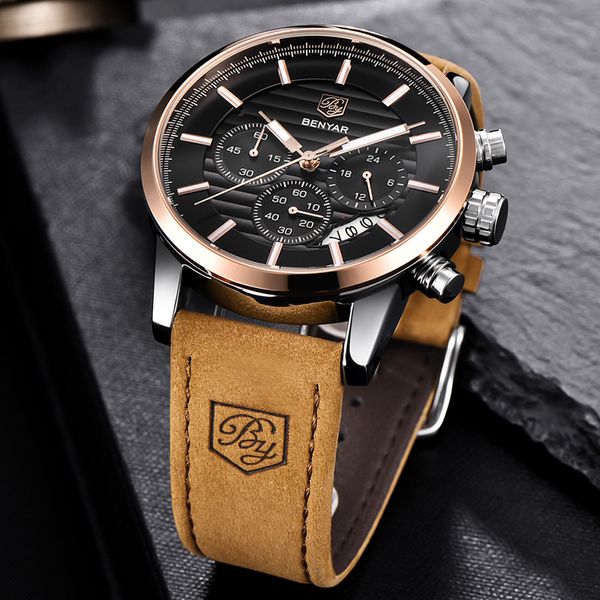 Chronograph Watches Men 2019 New Luxury Watch Quartz Brown Leather Band Waterproof Gold Male Military Wristwatch Men Relogio Masculino