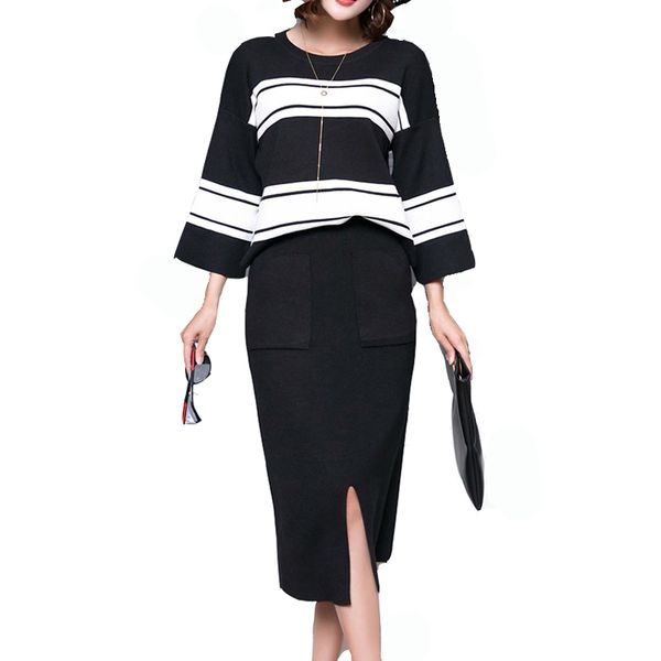winter 2 pieces sets knitted three-quarter sleeve sweater skirt suit elastic waist skirts & striped pullover women outfits mujer, White
winter 2 pieces sets knitted three-quarter sleeve sweater skirt suit elastic waist skirts & striped pullover women outfits mujer, White