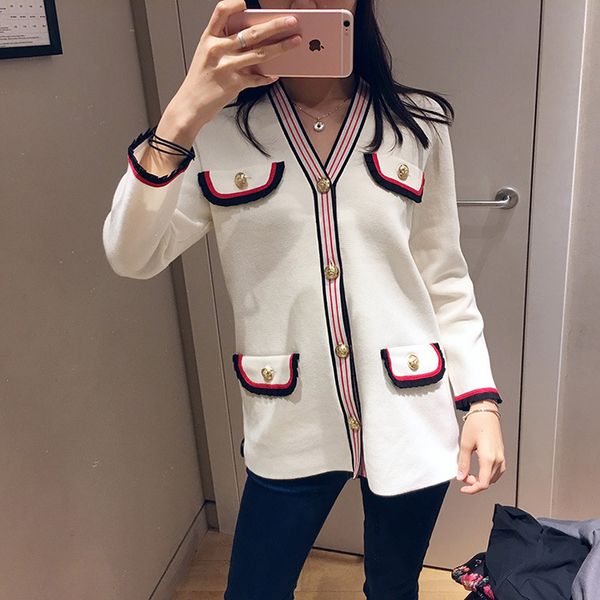 women sweater 2019 spring and summer contrast color casual v-neck cardigan coat, White
women sweater 2019 spring and summer contrast color casual v-neck cardigan coat, White
