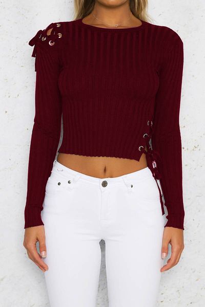 designer womens knits slim hole metal strap long sleeve tees vertical strip donna casual short clothes, White
designer womens knits slim hole metal strap long sleeve tees vertical strip donna casual short clothes, White