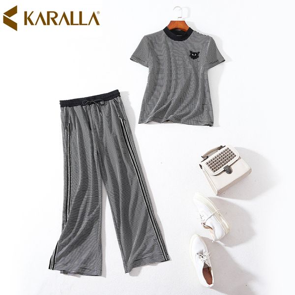 2019 summer new women's short sleeve embroidered stripe knitted two pieces sets fashionable casual tees wide leg pants c819, White
2019 summer new women's short sleeve embroidered stripe knitted two pieces sets fashionable casual tees wide leg pants c819, White