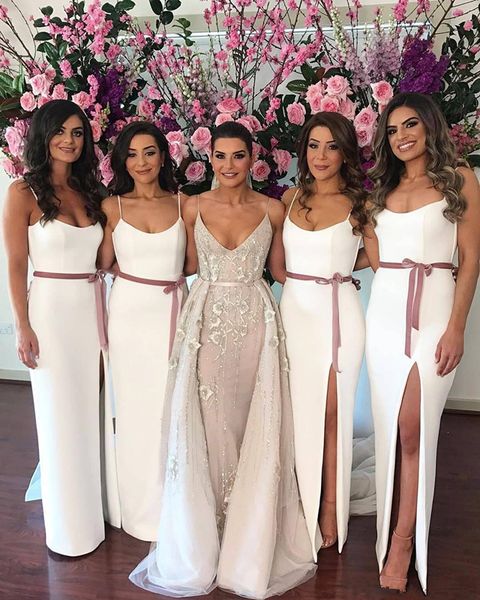 elegant bridesmaid dresses spaghetti straps maid of honor dresses long satin split front wedding guest dresses for party 164, White;pink 
elegant bridesmaid dresses spaghetti straps maid of honor dresses long satin split front wedding guest dresses for party 164, White;pink