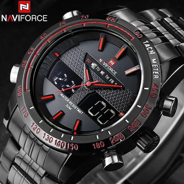 

naviforce brand mens 30m waterproof sport watch men stainless steel analog digital led watches dual time clock relogio masculino, Slivery;brown