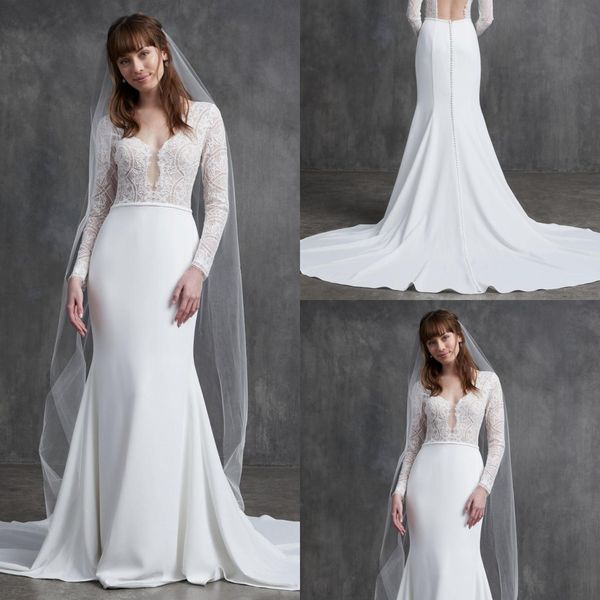 2020 mermaid wedding dresses v neck appliqued long sleeves wedding dress open back ruffle sweep train satin skirt robes de mariée, White
2020 mermaid wedding dresses v neck appliqued long sleeves wedding dress open back ruffle sweep train satin skirt robes de mariée, White
