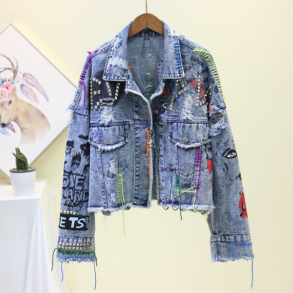 women's jackets 2021 denim jacket spring autumn graffiti rivet jean female holes fashion girl outerwear coat, Black;brown
women's jackets 2021 denim jacket spring autumn graffiti rivet jean female holes fashion girl outerwear coat, Black;brown
