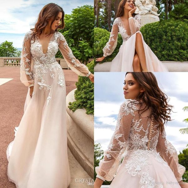 romantic wedding dresses 2020 deep v neck see through back long sleeveswith button appliques sweep train wedding dress bridal gowns, White
romantic wedding dresses 2020 deep v neck see through back long sleeveswith button appliques sweep train wedding dress bridal gowns, White