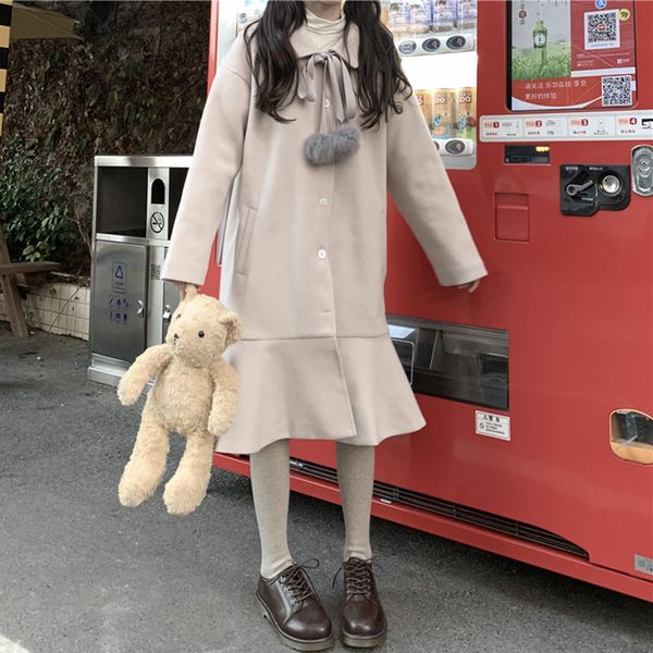 japanese winter women sweet cute small fresh outwear tied hair ball ruffle single-breasted loose long woolen coat college style, Black
japanese winter women sweet cute small fresh outwear tied hair ball ruffle single-breasted loose long woolen coat college style, Black