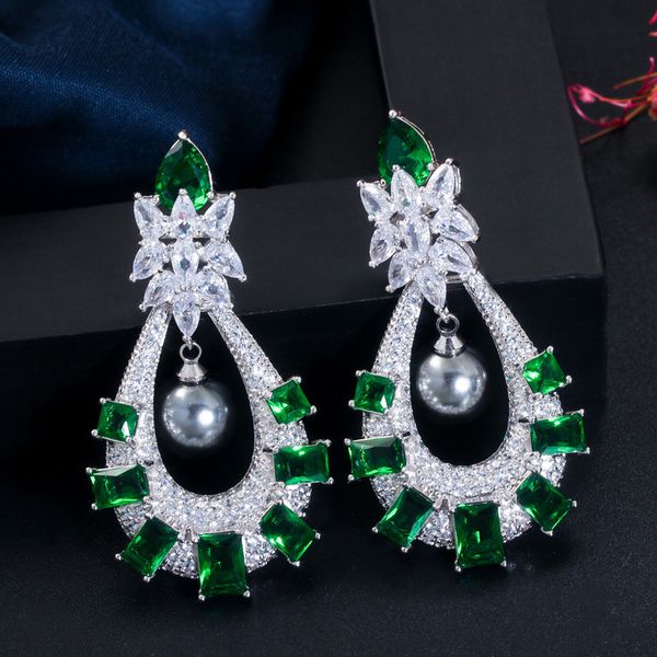 green cz drop earring for women for wedding bridal, Silver