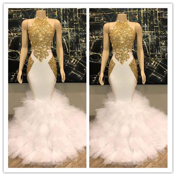 Gorgeous Halter Gold and White Prom Dresses Ruffles Tulle Real Pictures Mermaid Formal Cocktail Party Dresses Evening Gowns 
Gorgeous Halter Gold and White Prom Dresses Ruffles Tulle Real Pictures Mermaid Formal Cocktail Party Dresses Evening Gowns